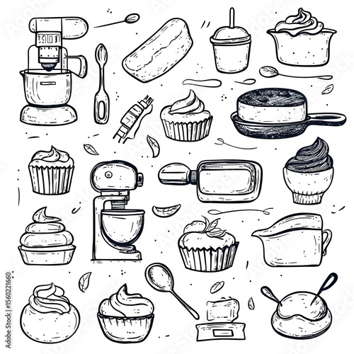 Hand drawn vector set of bakery and kitchen utensils including stand mixers, cupcakes, mixing bowls, spoons, scales, and baking tools in minimalist sketch style