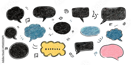 Hand drawn chalk style speech bubble set with colorful crayon texture in various shapes and doodle accents vector illustration collection for communication design