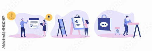 Flat minimalist vector illustration of human resource managers analyzing CV resumes on boards and candidate working on laptop during recruitment process concept