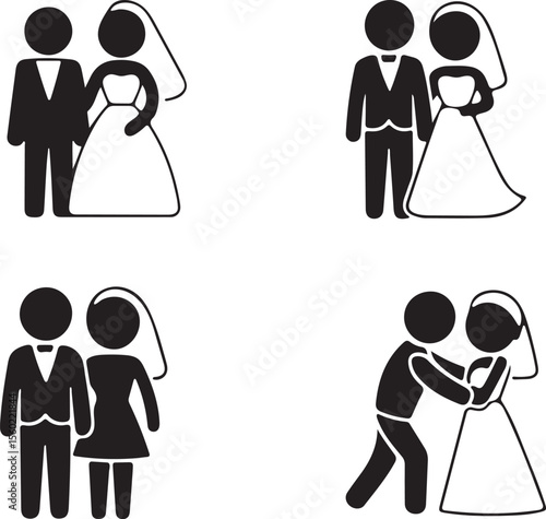 Four wedding couple icons in simple silhouette style