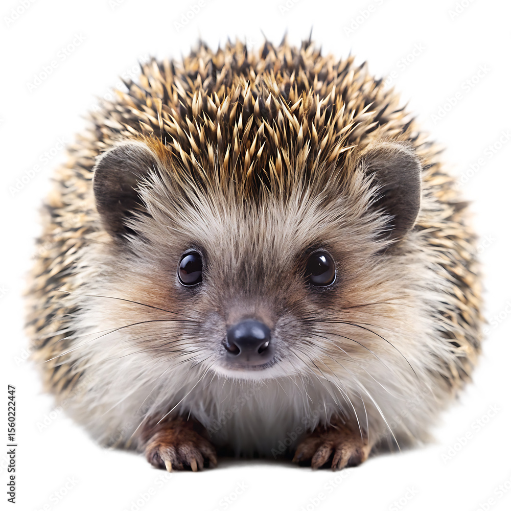 Obraz premium Close-up portrait of a small European hedgehog with spiky brown and white quills and dark eyes isolated on a transparent background