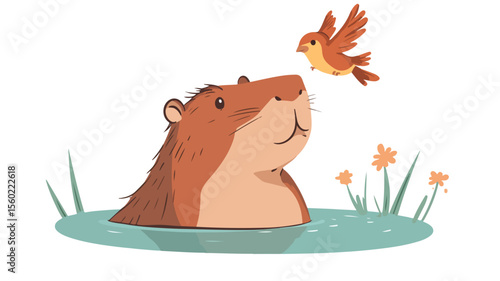 Amusing Bird Sits on Cute Capybara's Nose - Adorable Image for Nature Lovers