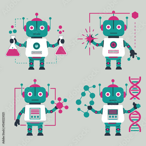 set minimalist geometric flat vector design of mini science-teaching robots