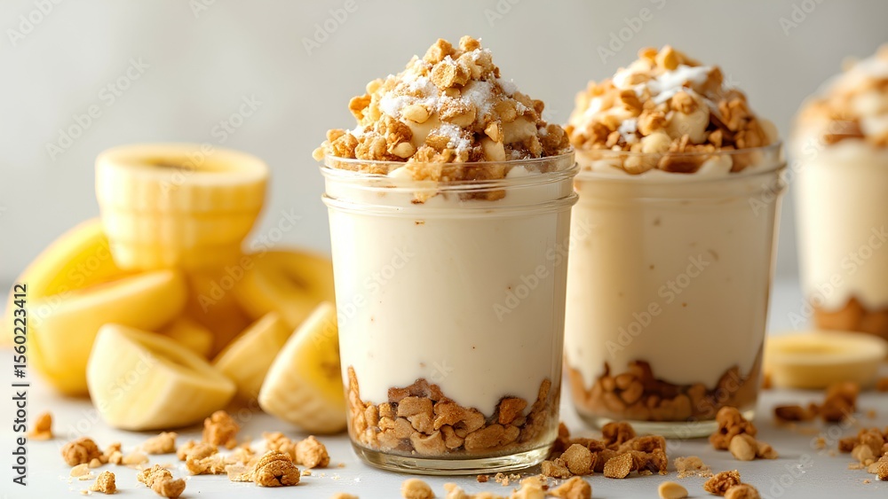 Creamy peanut butter parfaits topped with granola served in clear glasses, with fresh bananas and a jar of peanut butter in the background. Creamy peanut butter parfaits topped with granola served in clear glasses, with fresh bananas and a jar of peanut butter in the background.