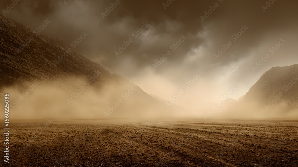 Fototapeta premium Panoramic desert canyon engulfed dust storm thick clouds of sand obscuring vision erosion patterns visible extreme arid weather event sepia toned sky background 