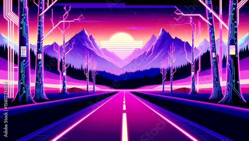 A-digital-artwork-depicting-a-retro-futuristic-night-landscape,-reminiscent-of-80s-and-90s-nostalgia,-with-a-warm,-vibrant-color-palette-evoking-a-sense-of-sunset-hues,-set-against