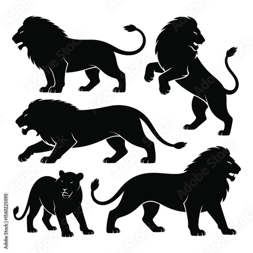 Collection of Majestic Lion Silhouettes in Various Poses on a White Background