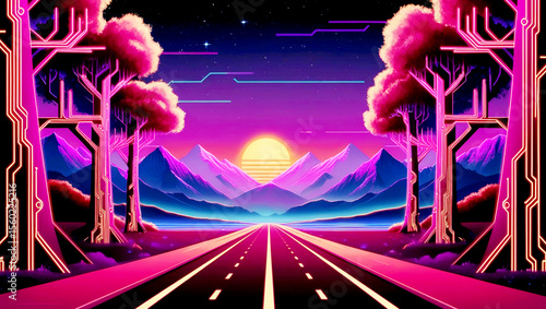 A-digital-artwork-depicting-a-retro-futuristic-night-landscape,-reminiscent-of-80s-and-90s-nostalgia,-with-a-warm,-vibrant-color-palette-evoking-a-sense-of-sunset-hues,-set-against