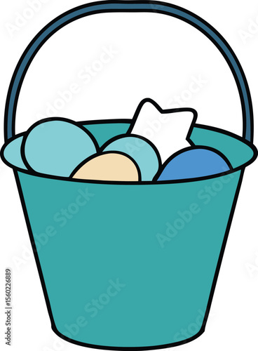 Teal Bucket Filled with Pastel Easter Eggs and a Bunny