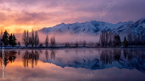 Wallpaper Mural Winter Sunset Over Foggy Lake With Mountain Reflection . Torontodigital.ca