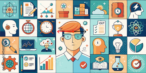 Cognitive Processes and Neuroscience [Set of 25 Flat Vector Icons in Minimalistic Style] [Showcasing Brain Functions, Memory, Logic and Learning]