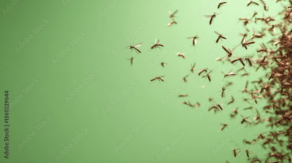 Fototapeta premium Side view of a swarm of flying mosquitoes hovering against a bright green background, showing insect behavior, pest infestation, disease risk, summer environment, and natural ecosystem concepts