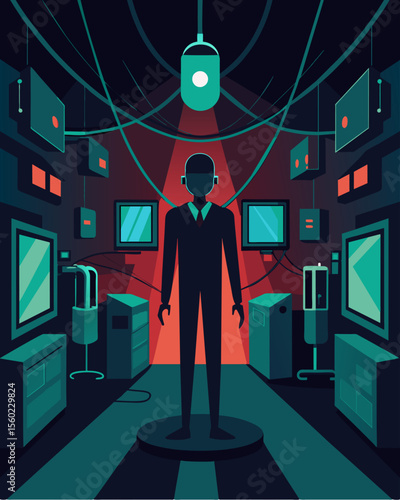 A figure standing in a dark room surrounded by screens and wires representing the allconsuming power of technology in enslaving the mind.. Vector illustration