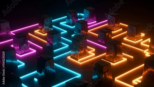 Neon Maze with Metallic Cubes: Abstract Motion Graphics and Glowing Paths