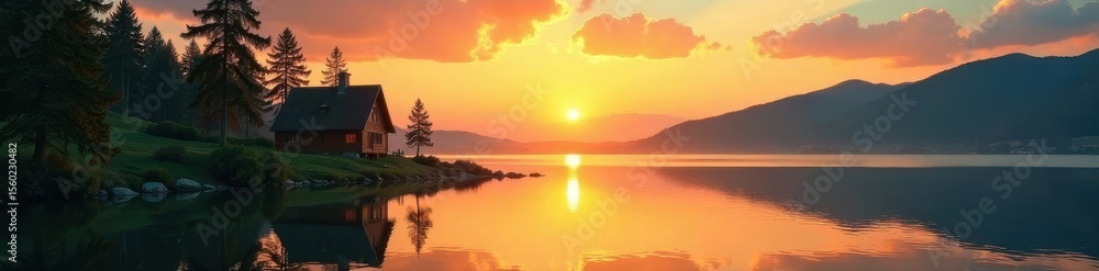 Golden sunrise paints tranquil lake, reflecting on secluded cottage , morning, photography Golden sunrise paints tranquil lake, reflecting on secluded cottage , morning, photography