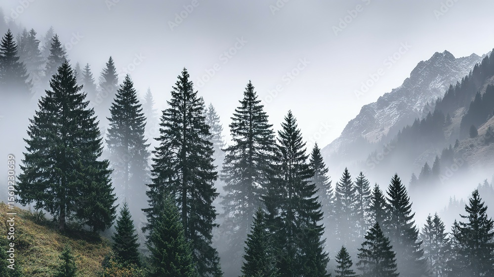 Fototapeta premium Misty mountain forest scene.
