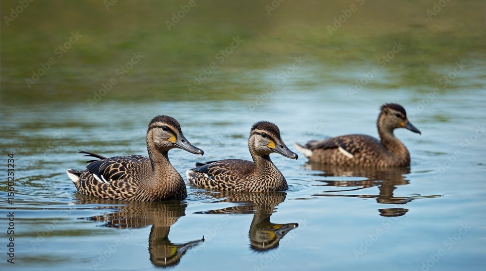 Duck family swimming in calm lake Duck family swimming in calm lake