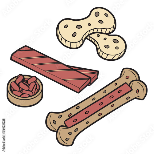 Assorted cartoon dog treats and chews illustration