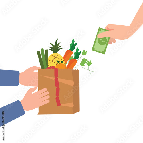 Grocery food cash on delivery concept. Close up of hand receiving grocery bag from delivery man and paying cash money. Online ordering grocery food.Paper shopping bag full of groceries products vector