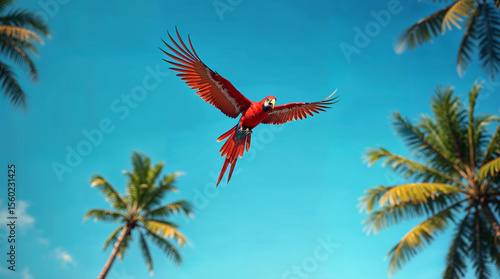 Macaw flying in blue sky with palm trees