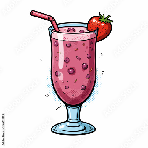 Refreshing berry smoothie in glass with fresh strawberry garnish. Berry smoothie includes mixed berries and straw, offering a healthy, vibrant beverage.