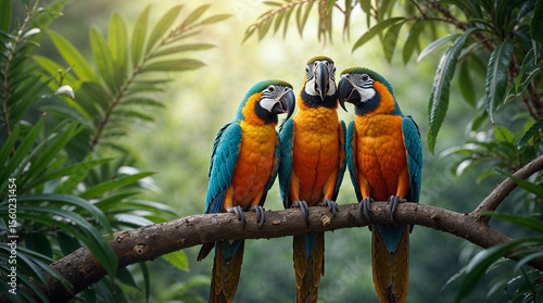 Parrots sitting on tropical branch in jungle