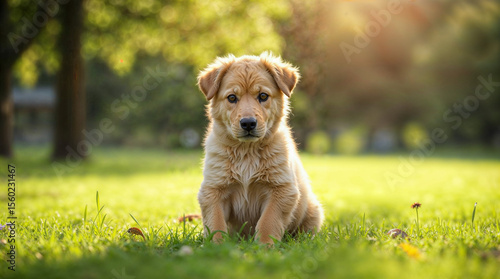 Puppy sitting in grass in sunny park