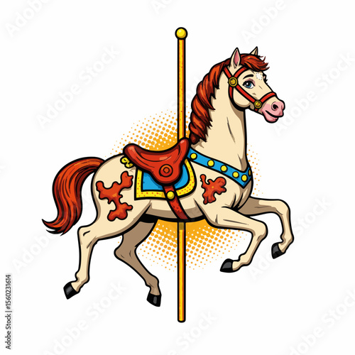 Cartoon carousel horse with classic saddle and festive embellishments, illustrated for whimsical designs. This carousel horse illustration, reminiscent of vintage fairground rides,
