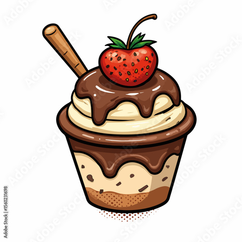 Delicious chocolate mousse with fresh strawberry and topping. Chocolate mousse includes tasty ingredients: mousse, strawberry, and sweet chocolate topping.
