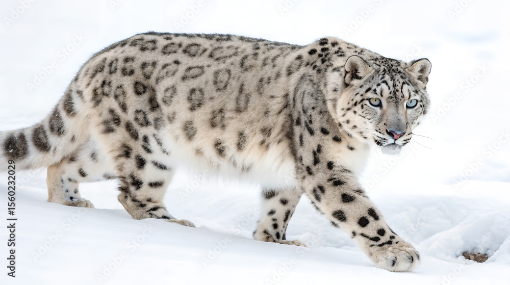 Fototapeta premium The elusive snow leopard strides majestically through a snow-covered landscape with its unique spotted fur and captivating blue eyes.