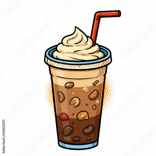 Delicious iced coffee with whipped cream and straw in colorful pop art style. Iced coffee in plastic cup, featuring coffee beans, chocolate balls, and decadent toppings, makes refreshing drink.