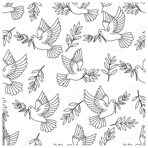  Seamless pattern with hand-drawn peace doves and olive branches. Black and white line art vector illustration.