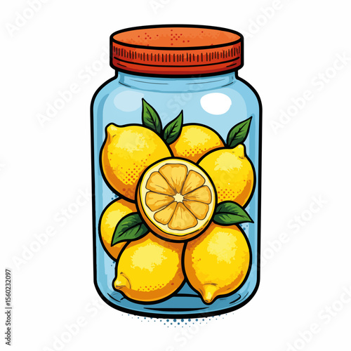Lemon jar with fresh lemons is eye catching and refreshing. Delicious yellow lemons and green leaves inside glass jar create a vivid scene.