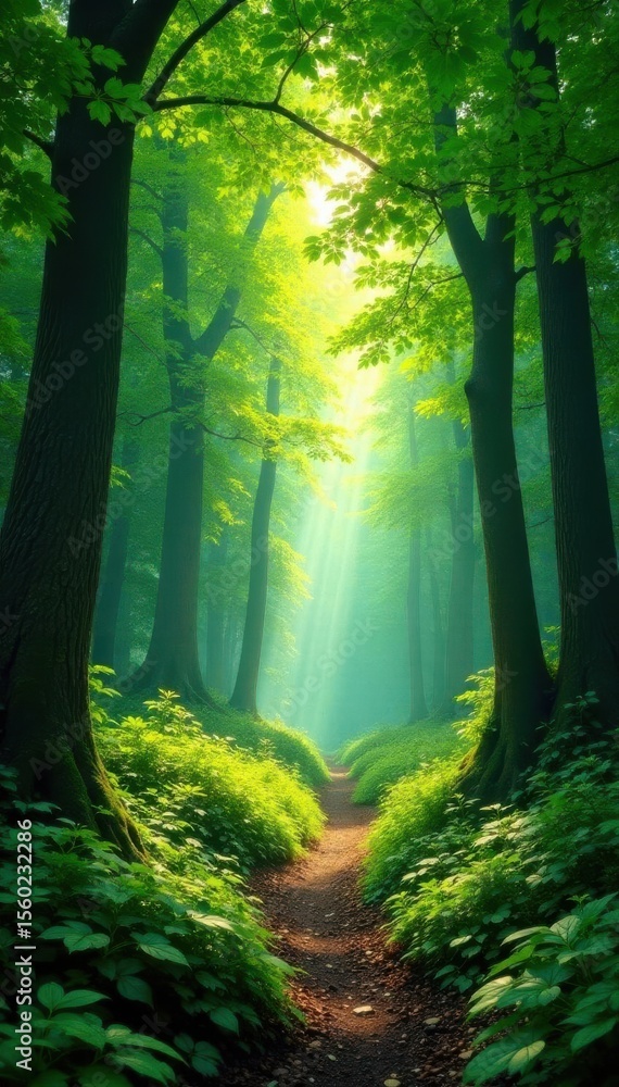 Obraz premium Lush green canopy, sunlight dappling forest floor, undergrowth, leaves, canopy