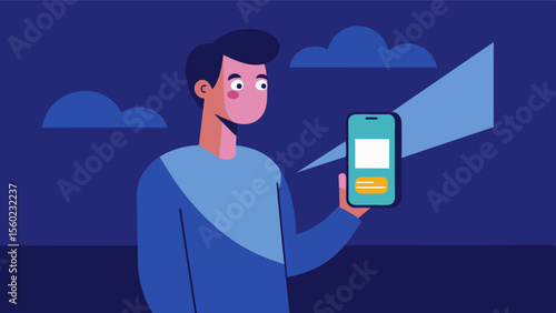 A person holding a smartphone with a light therapy app open gazing at the screen with a relaxed and content expression suggesting the possibility of using interactive light therapy. Vector