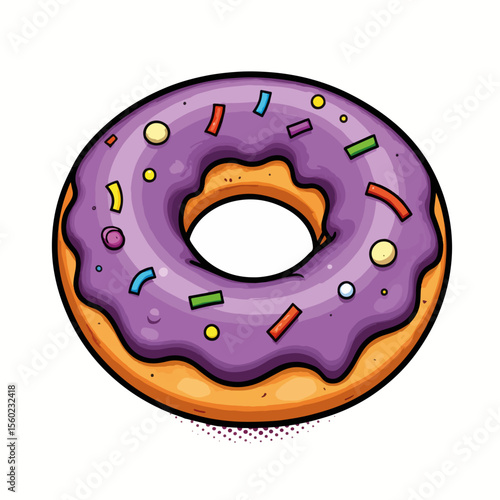 Delicious purple glazed donut with colorful sprinkles on top, isolated on white. Purple glazed donut presents an attractive treat, featuring light violet glaze and sprinkle decorations.