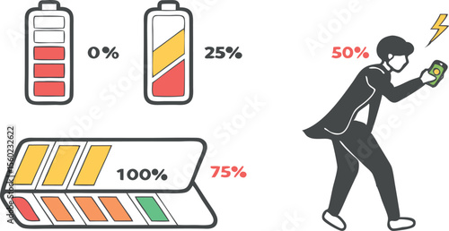 Colorful Battery Indicator Icons Showing Power Levels in Steps.