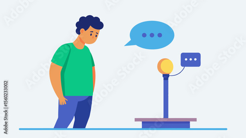 A man looking at a scale and realizing that it doesnt determine his worth with the quote Your weight does not define you.. Vector illustration