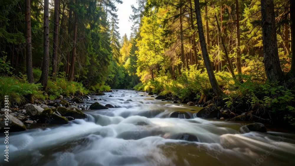 A scenic river flows swiftly through a vibrant forest, the flowing water creates a sense of movement, while lush green trees envelop the scene. A scenic river flows swiftly through a vibrant forest, the flowing water creates a sense of movement, while lush green trees envelop the scene.