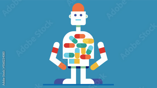 A striking sculpture made entirely out of discarded pill bottles and medication packaging serves as a commentary on the complex relationship between mental health and medication.. Vector illustration