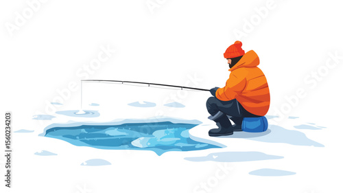 Polar Fishing: Man Fisher at Ice in Cold Winter | Professional Image