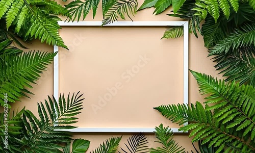 Empty white frame surrounded by green fern leaves on a beige background