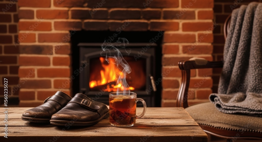 Warm Evening Comfort: Steaming Tea, Cozy Shoes & Blanket by a Crackling Fireplace Warm Evening Comfort: Steaming Tea, Cozy Shoes & Blanket by a Crackling Fireplace