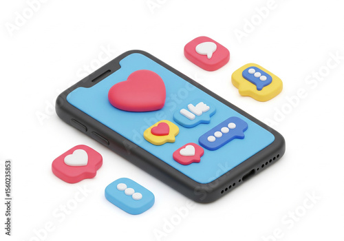 3d icon of smartphone with heart, like, comment icons, social media marketing theme, vibrant colors, isometric clay 3d render, white background.