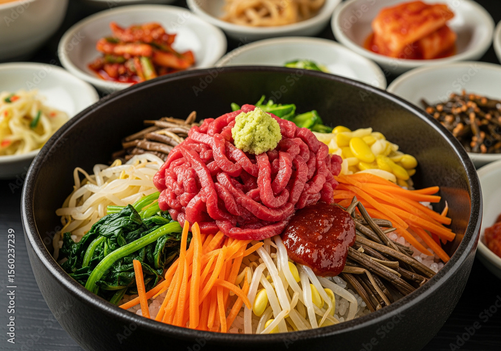 The art of Korean cuisine: A meticulously presented bowl of Yukhoe Bibimbap, showcasing its fresh ingredients and inviting colors. The art of Korean cuisine: A meticulously presented bowl of Yukhoe Bibimbap, showcasing its fresh ingredients and inviting colors.
