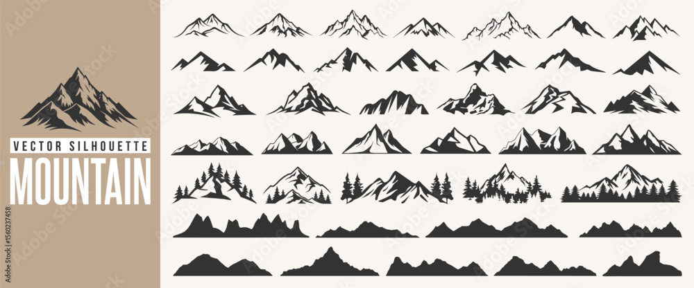 Fototapeta premium Set of mountain silhouette, hiking hill peak symbol, forest nature landscape and camping logo with christmas tree. Mountain silhouette pattern, background, icon or line art for summer travel business.