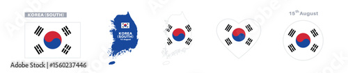 south korea flag and map set. south korea flag in official colors and proportions. independence day 15 august , map, circle and heart shaped south korea