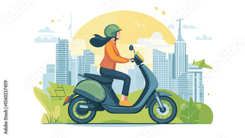 Girl Riding Eco-Friendly Electric Scooter Outdoors Concept