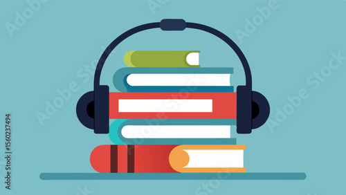 A stack of audiobooks next to a pair of headphones ready for an elderly person to enjoy.. Vector illustration