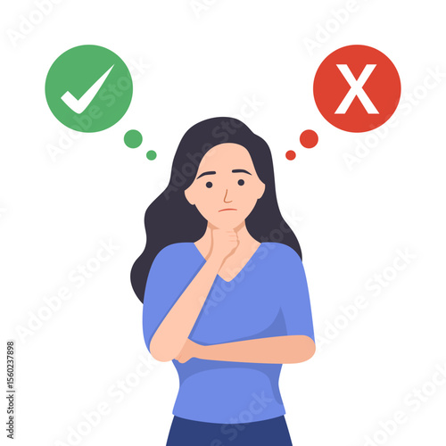 Business decision right or wrong. Woman hold signs with tick and cross. True or false. Moral choice. Female character makes decision. Cartoon flat vector illustration isolated on white background
